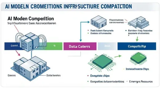 A detailed infographic showing the transition from AI model competition to infrastructure competition, with data centers, computing chips, and energy resources as key elements, professional business illustration style