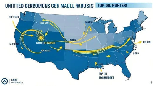 A detailed infographic showing United States as both top oil producer and top oil importer, with arrows representing oil flow in and out of the country, modern data visualization style