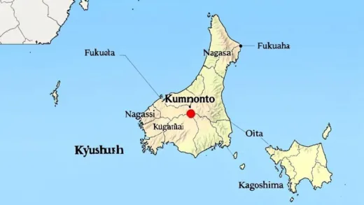 A detailed map of Kyushu with Kumamoto highlighted in the center, showing its central location relative to Fukuoka, Nagasaki, Oita, and Kagoshima, under a clear sky.