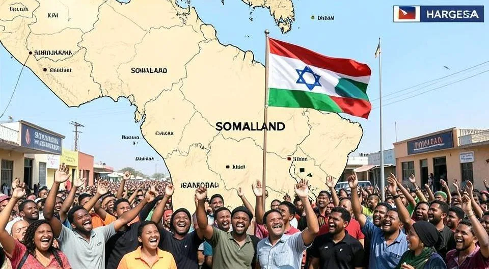 A detailed map showing Somaliland's location in the Horn of Africa, with the Israeli flag and Somaliland flag flying together in the capital Hargeisa, citizens celebrating in the streets with joyful expressions, geopolitical boundaries highlighted.