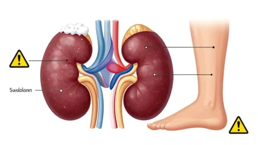 A detailed medical illustration showing kidney anatomy with warning signs like foamy urine and swollen ankles, with magnified views of kidney filtration system and protein leakage.