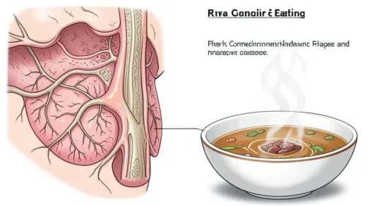 A detailed medical illustration showing nasal anatomy with a focus on the nasal mucosa and nerves, with steam rising from a bowl of hot soup nearby, highlighting the connection between eating and nasal discharge.
