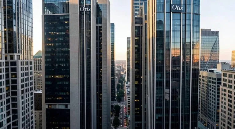 A detailed panoramic view of a modern city skyline with skyscrapers, focusing on elevator shafts running vertically through buildings, with the Otis logo subtly integrated into the architecture, cinematic lighting, hyperrealistic