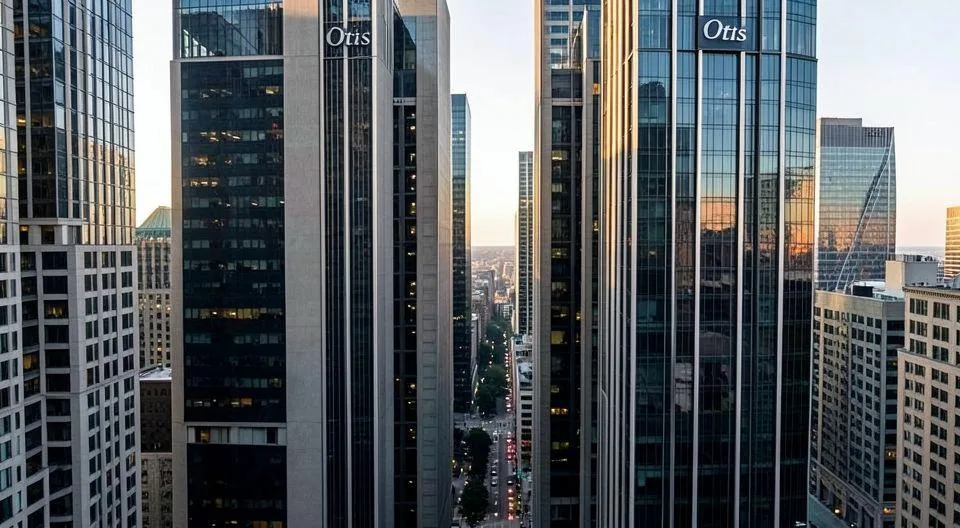 A detailed panoramic view of a modern city skyline with skyscrapers, focusing on elevator shafts running vertically through buildings, with the Otis logo subtly integrated into the architecture, cinematic lighting, hyperrealistic