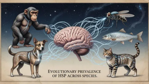 A detailed scientific illustration showing a human brain with neural connections glowing in soft blue light, surrounded by various animals (chimpanzee, dog, cat, fish, fruit fly) with similar neural patterns, symbolizing the evolutionary prevalence of HSP across species. The background has a serene night sky with stars.