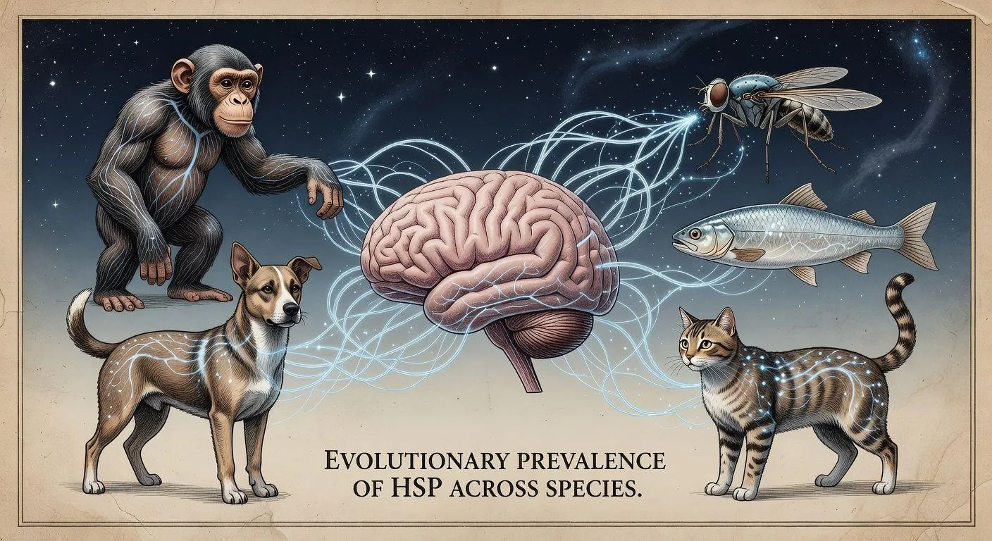 A detailed scientific illustration showing a human brain with neural connections glowing in soft blue light, surrounded by various animals (chimpanzee, dog, cat, fish, fruit fly) with similar neural patterns, symbolizing the evolutionary prevalence of HSP across species. The background has a serene night sky with stars.