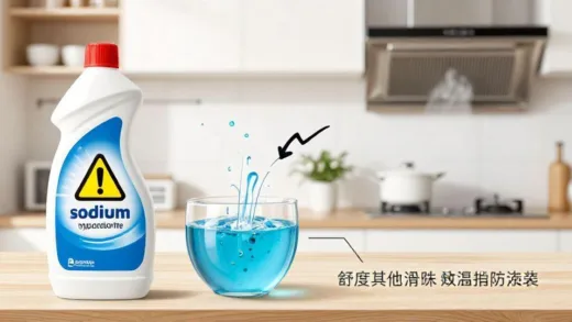 A detailed scientific illustration showing bleach bottle with warning signs, chemical reaction of sodium hypochlorite with acid producing chlorine gas, and safe cleaning practices with proper ventilation in a modern kitchen.