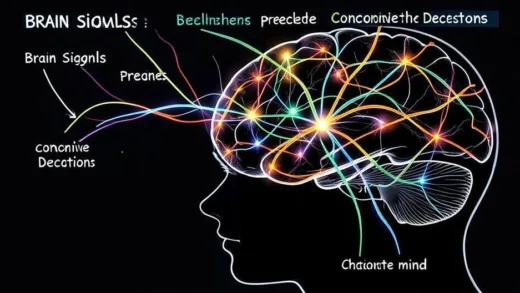 A detailed scientific illustration showing brain activity with neural pathways lighting up, representing the concept that brain signals precede conscious decisions. A human silhouette with glowing brain regions, showing signals traveling through neurons before reaching the conscious mind area.