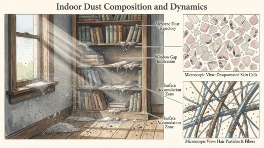 A detailed scientific illustration showing dust particles floating in indoor air, entering through window gaps, and accumulating on surfaces, with microscopic views of skin cells and hair particles contributing to dust formation.