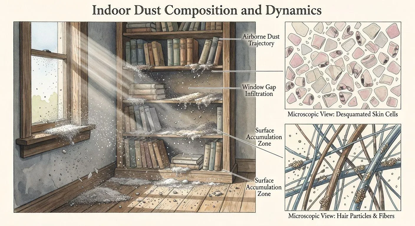 A detailed scientific illustration showing dust particles floating in indoor air, entering through window gaps, and accumulating on surfaces, with microscopic views of skin cells and hair particles contributing to dust formation.