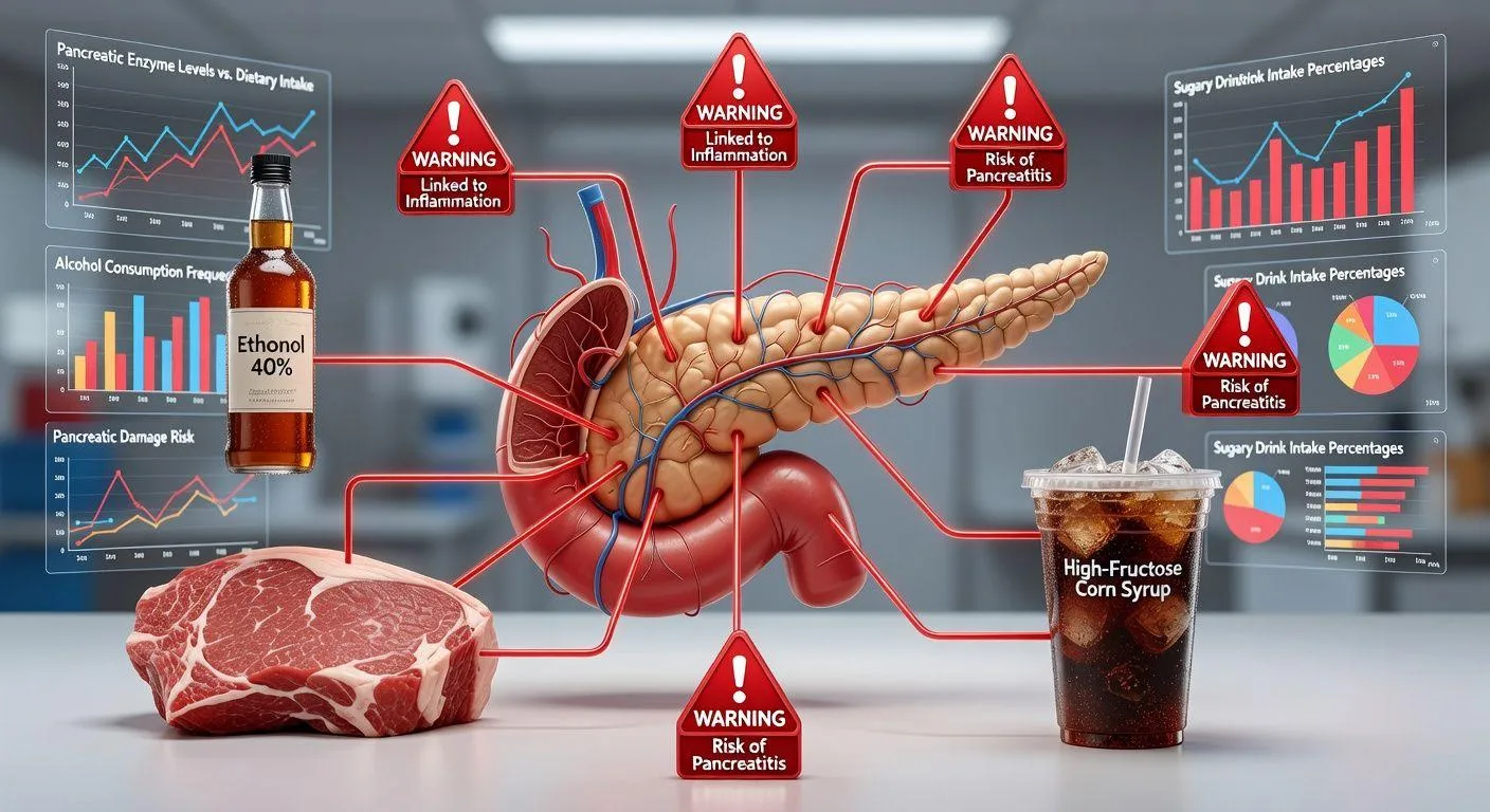 A detailed scientific illustration showing pancreas anatomy and various food items like alcohol, red meat, and sugary drinks connected with warning signs, medical research charts in the background, realistic 3D style