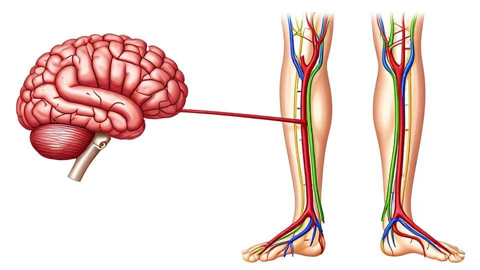 A detailed scientific illustration showing the connection between brain blood vessels and leg nerves, with cross-sectional views of brain hemispheres connected to opposite legs through spinal cord pathways, highlighting vascular pathways in vibrant colors.