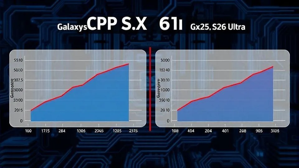 A detailed technical illustration showing CPU performance comparison between Galaxy S25 Ultra and Galaxy S26 Ultra with graphs and percentages, blue and red color scheme, modern tech background