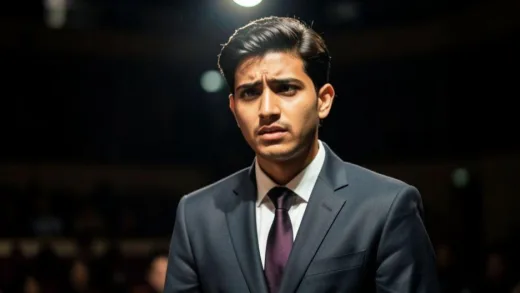 A determined young South Asian man, dressed in a sharp suit, standing in a dimly lit audition room, a spotlight on him. He looks focused but with a hint of anxiety. The background is blurred, suggesting a grand, yet intimidating, stage.