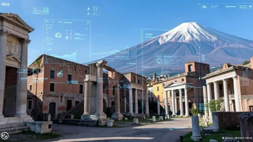 A digital rendering of ancient Pompeii with a subtle overlay of futuristic AI interface elements, showing data analysis and reconstruction. Clear blue sky, Mount Vesuvius in the background.