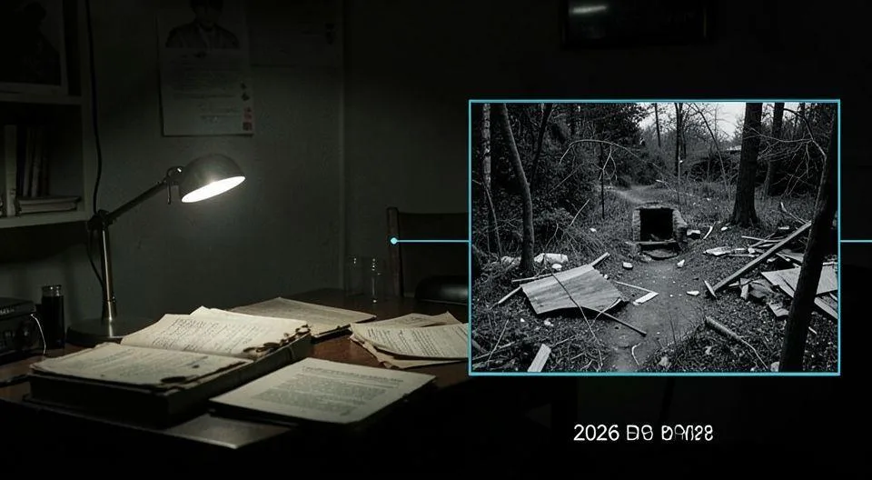 A dimly lit forensic investigation room in 1998, with old case files scattered on a desk, a single light shining on a black and white photo of a crime scene from 28 years ago, next to a modern 2026 crime scene photo showing similar patterns, creating a visual connection between past and present.