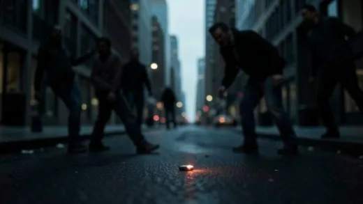 A dimly lit street scene in a modern city, with blurred figures in the background depicting people in a 'zombie-like' state, leaning or standing awkwardly. A subtle, dangerous glow emanating from a small, almost invisible object on the ground, symbolizing fentanyl. Focus on the sense of urban decay and personal struggle.