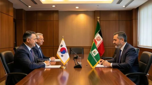 A diplomatic meeting room with South Korean and Iranian flags on a table, warm lighting, professional atmosphere, moderate shot