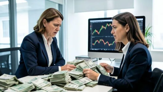 A distressed businesswoman looking at a large pile of bills, symbolic of massive corporate debt, in a modern office, with a computer screen showing negative financial charts.
