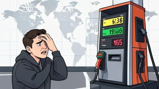 A distressed person looking at a gas station pump showing very high prices, with a world map overlay in the background indicating geopolitical tension, in a modern, mobile-friendly illustration style.