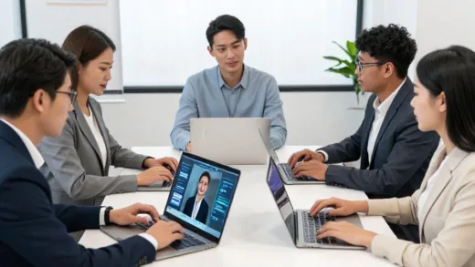 A diverse team of professionals collaborating around a table with AI interfaces visible on their devices, showing human connection and digital tools working together in harmony