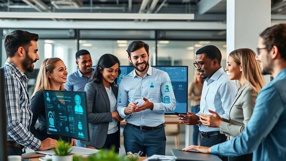A diverse team of professionals collaborating in a modern office with AI interfaces visible on screens, showing synergy between human interaction and technology.