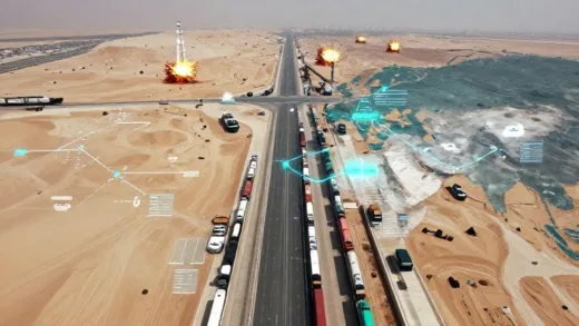 A dramatic aerial view of a modern logistics corridor under construction in the Middle East desert, with cargo trains and ships moving simultaneously, digital overlays showing trade routes connecting India, UAE, Saudi Arabia, Israel, and Europe, with explosion effects in the distance symbolizing geopolitical conflict, hyper-realistic cinematic style.