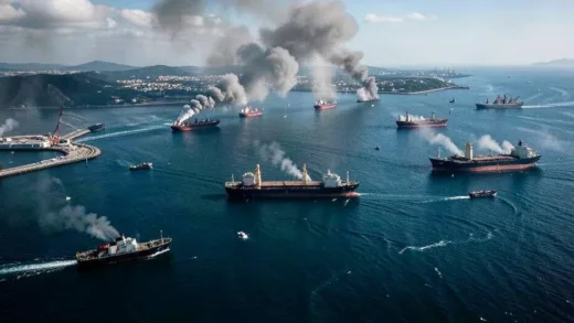 A dramatic aerial view of the Strait of Hormuz with oil tankers in the distance, showing geopolitical tension through visual elements like military ships and smoke, symbolizing economic crisis impact on South Korea.