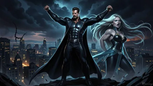 A dramatic cinematic scene showing Homelander standing triumphantly over a cityscape, with Starlight looking defiant in the background, dark superhero atmosphere, intense lighting, digital painting style