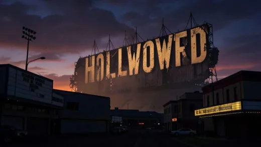 A dramatic cinematic scene showing the iconic Hollywood sign crumbling and fading into dusk, with empty movie theaters in the foreground, symbolizing the decline of the film industry.