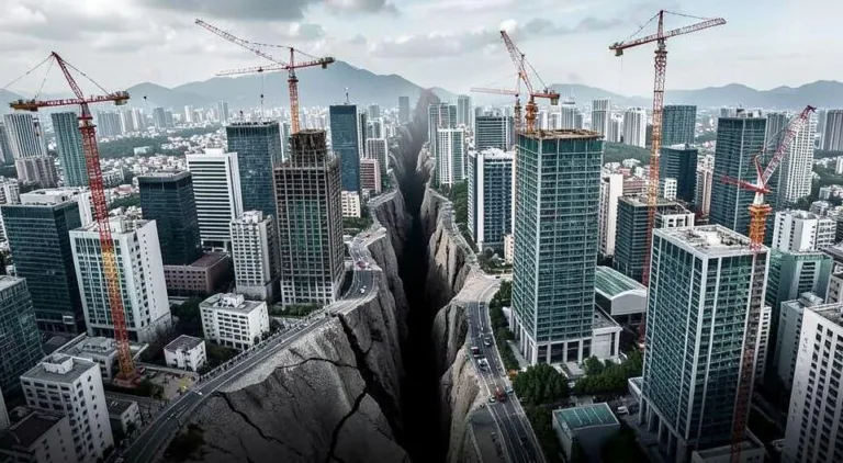 A dramatic conceptual illustration showing a large fault line cracking through a modern city skyline with construction cranes, representing economic vulnerability in South Korea's construction sector.
