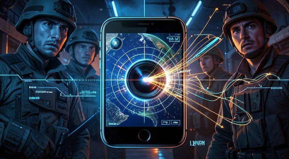 A dramatic conceptual illustration showing a smartphone camera lens transforming into a missile targeting reticle, with Iranian military figures in the background looking anxious. Digital data streams connect the phone to satellite imagery and missile systems. Cyberpunk aesthetic with blue and orange lighting.