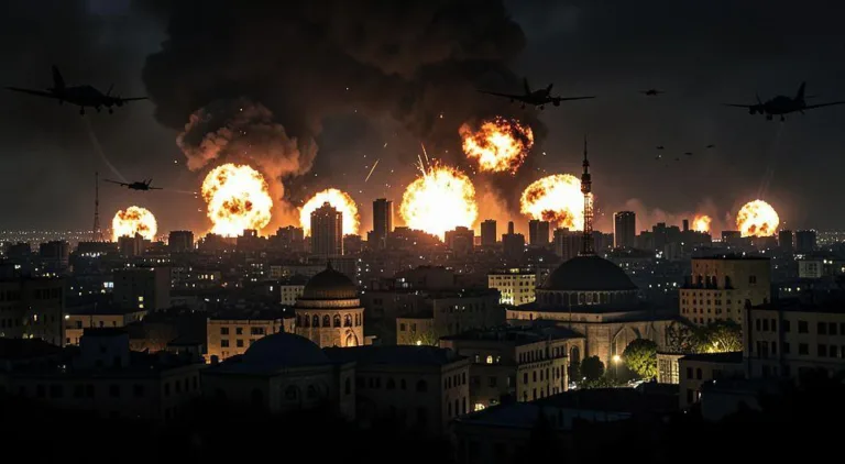 A dramatic digital art of Beirut city skyline at night with explosion lights and military aircraft silhouettes, Middle Eastern architecture, tense atmosphere, photorealistic style with cinematic lighting