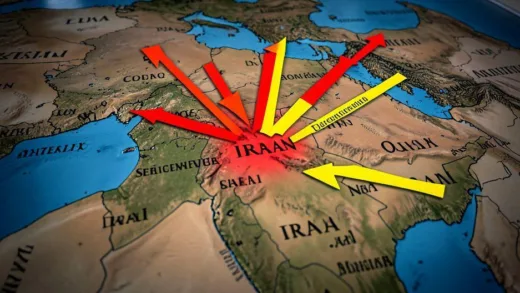 A dramatic, high-angle view of a geopolitical map of the Middle East with converging arrows pointing towards Iran, symbolizing the complex factors leading to the US-Iran conflict. Focus on the tension and various influencing elements.