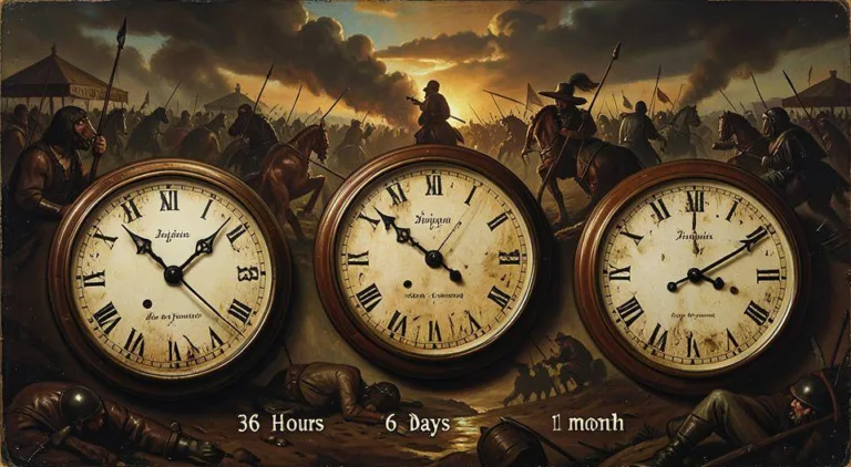 A dramatic historical illustration showing five different clocks with various war scenes in the background, representing the five shortest wars in history. The clocks show different times: 38 minutes, 36 hours, 6 days, 13 days, and 1 month. The style is epic historical painting with dramatic lighting.