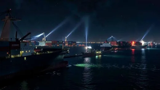 A dramatic illustration of the Strait of Hormuz, with naval ships creating a blockade line. In the background, cargo ships from various nations are halted. The scene emphasizes geopolitical tension and the importance of global shipping routes, with a subtle hint of Chinese vessels being a major part of the traffic. Night scene with searchlights.