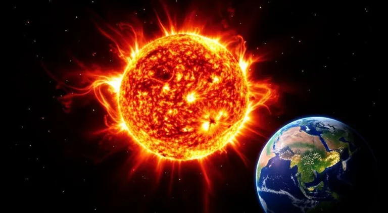 A dramatic illustration of the Sun during solar maximum, showing massive sunspots and solar flares erupting from its surface, with Earth shown in the foreground for scale comparison.