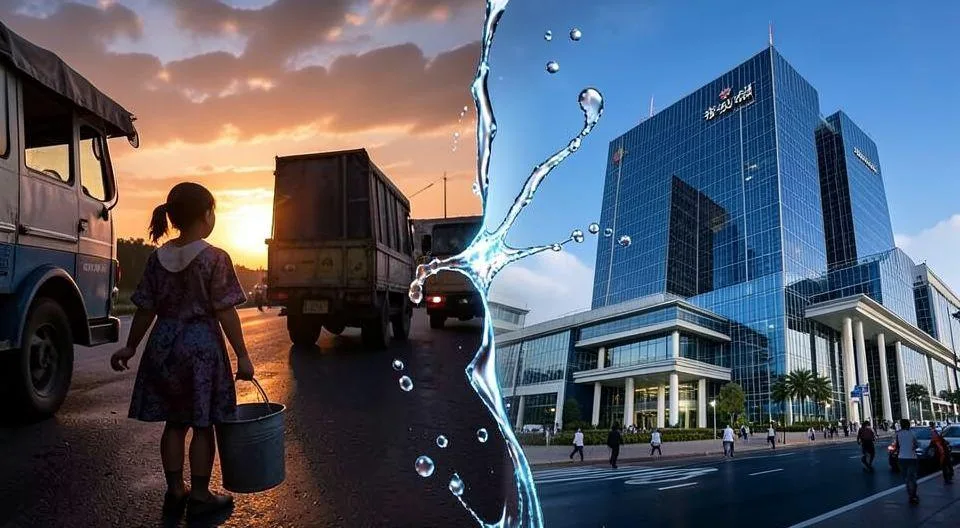 A dramatic illustration showing a girl with a bucket in Tehran at dawn waiting for water truck, contrasted with a modern semiconductor factory in South Korea, with water droplets connecting both scenes symbolically.