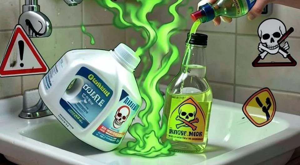 A dramatic illustration showing bleach bottle and vinegar bottle being poured together with toxic green gas fumes rising, warning symbols and skull and crossbones visible, household cleaning setting with sink in background.