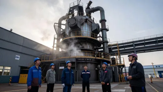 A dramatic industrial scene at Hyundai Steel's Incheon factory with workers gathered around a massive, aging electric arc furnace, showing shock and confusion on their faces, early morning lighting with steam and metal textures.