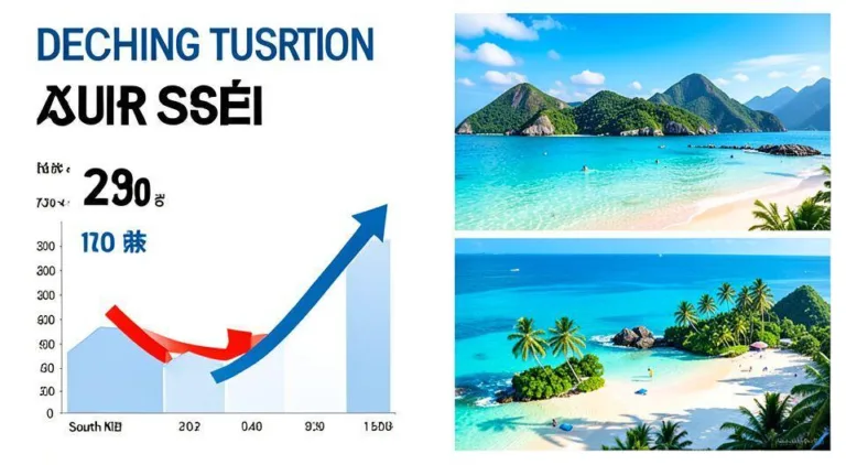 A dramatic infographic showing declining tourism statistics in South Korea with downward arrows and graphs, contrasting with vibrant images of Southeast Asian beach destinations, professional digital art style with clear data visualization elements.