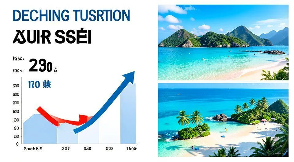 A dramatic infographic showing declining tourism statistics in South Korea with downward arrows and graphs, contrasting with vibrant images of Southeast Asian beach destinations, professional digital art style with clear data visualization elements.