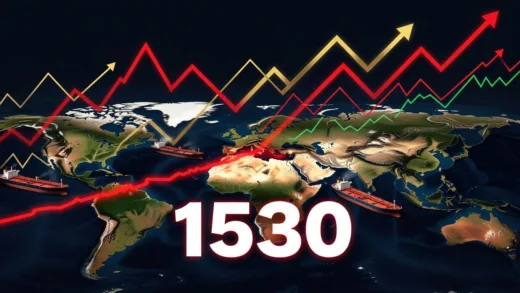 A dramatic infographic showing the Strait of Hormuz on a world map with red blockade lines, oil tankers waiting, and rising price charts for oil, gold, and currency exchange rates in the background. Korean won to US dollar exchange rate prominently displayed at 1530.