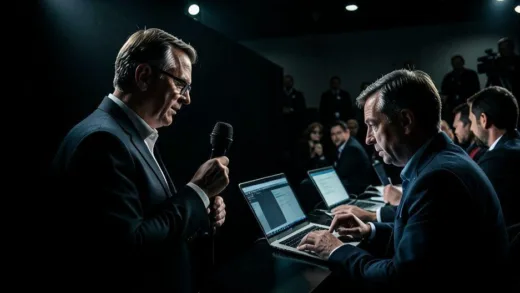 A dramatic movie scene showing a journalist holding a microphone in a dark room with dramatic lighting, contrasting with a real journalist working on a laptop in a crowded press room, cinematic style, photorealistic