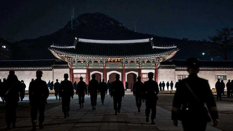 A dramatic night scene in January 1968 showing shadowy figures in South Korean military uniforms approaching the Blue House area in Seoul, with dark mountains in the background and tense atmosphere.