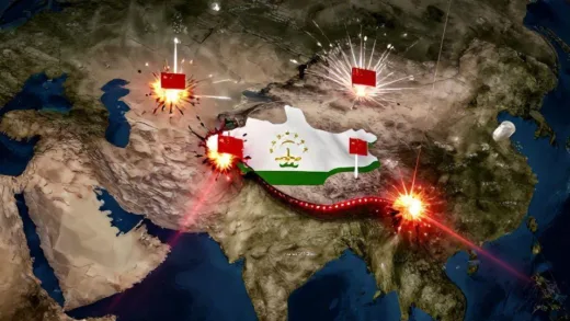 A dramatic photorealistic image showing a map of Central Asia with explosion markers over Tajikistan, Afghanistan, and Pakistan, with Chinese flags targeted by red laser sights, symbolizing the surge in terrorist attacks against Chinese interests in the region.