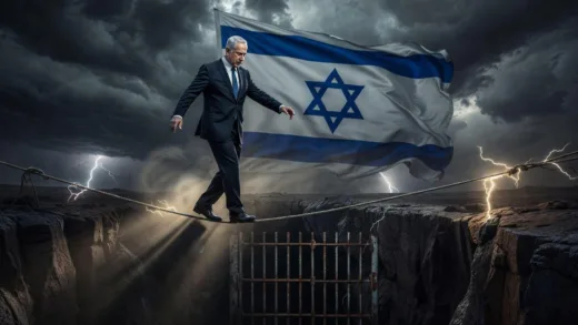 A dramatic political scene showing Israeli Prime Minister Benjamin Netanyahu walking on a tightrope over a cliff, with Israeli flag in background and prison bars looming below, cinematic lighting, tense atmosphere