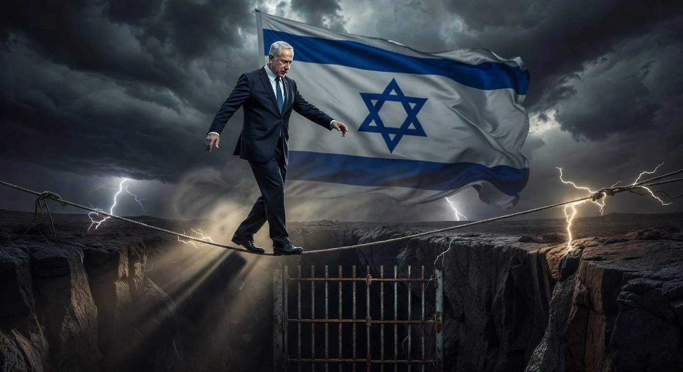 A dramatic political scene showing Israeli Prime Minister Benjamin Netanyahu walking on a tightrope over a cliff, with Israeli flag in background and prison bars looming below, cinematic lighting, tense atmosphere