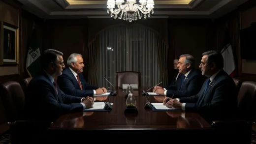 A dramatic scene in a luxurious hotel conference room in Islamabad, Pakistan, with American and Iranian diplomats facing each other across a negotiation table, tense atmosphere, historical moment, dim lighting, 2026.