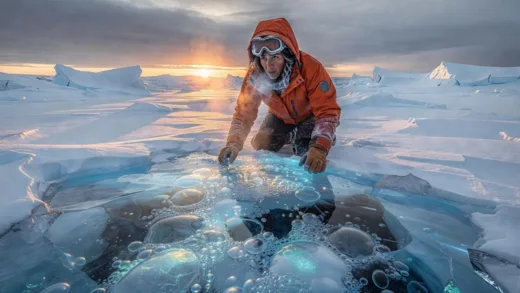 A dramatic scene of a climate scientist looking at Antarctic ice with methane gas bubbles trapped beneath, cinematic lighting, emotional expression, realistic detail